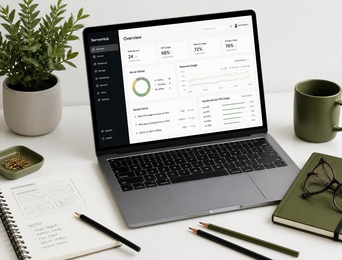 Schreibtisch mit Laptop, Server-Dashboard, Notizbuch und Stiften